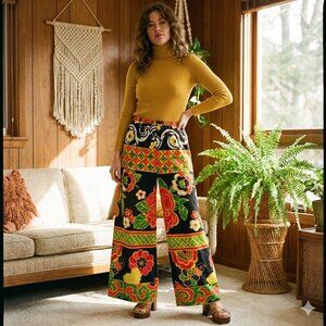 Vintage 70s Palazzo Pants Floral Wide Leg Psychedelic Disco L Lounge Hostess
